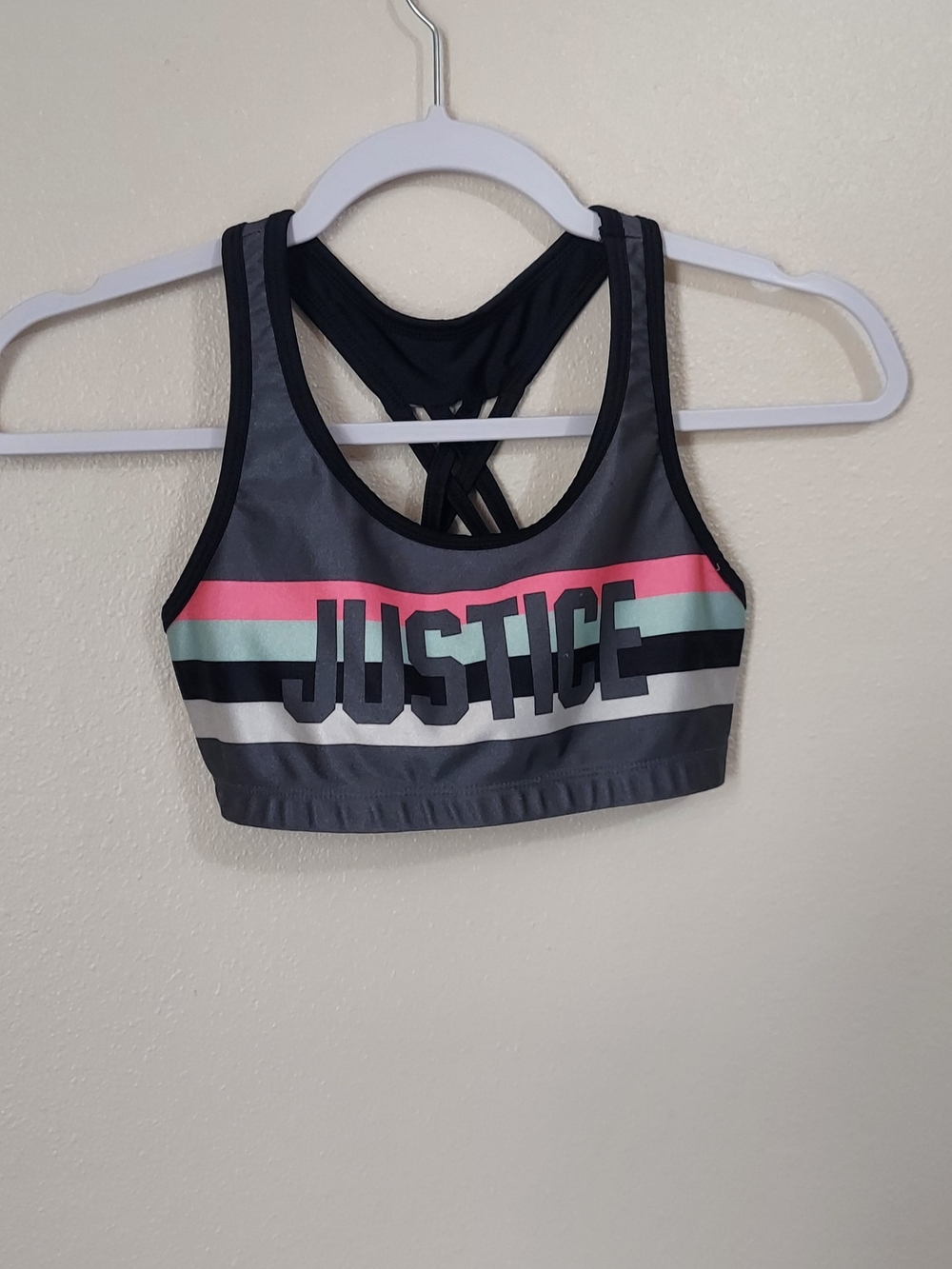 Justice Girls' Gray Sports Bra with Pink & Mint Stripes